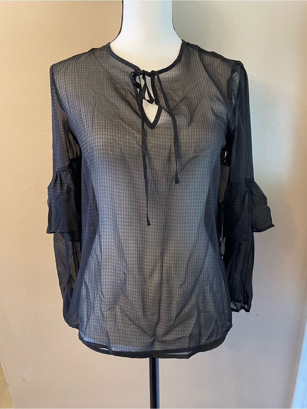 1. State Black Sheer Tie-Neck Ruffle Sleeve Blouse-NWT!